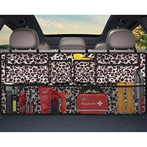 Femuar Car Trunk Organizer,Large Capacity Backseat Trunk Organizer(42"*18"),Collapsible Car Storage Bag with 8 Pocekt,Car Organizer for SUV/MPV/Truck - Leopard print