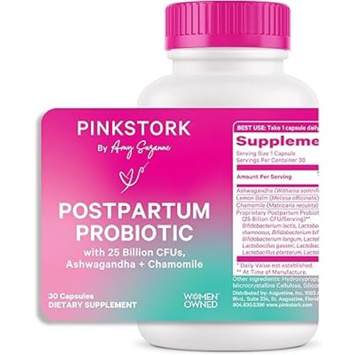 Pink Stork Probiotics for Postnatal Women - 30 Billion CFUS with Ashwagandha and Chamomile, Postpartum Essentials for Hormone Balance, Mood Support, Gut Health, Digestive Wellness, 30 Capsules