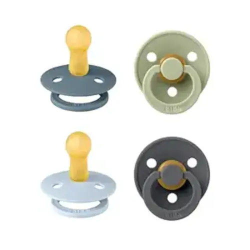 BIBS Pacifiers - Colour 4-Pack | BPA Free Baby Pacifier | Round Nipple Binkies | Natural Rubber Latex Soother | Made in Denmark | Size 6-18 Months | Baby Blue Mix