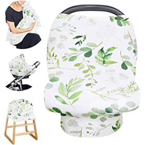 Nursing Cover for Breastfeeding, Multi- use CarSeat Cover Girls Boys, Infant Stroller Cover, Green Leaf, Stretchy Soft Breathable