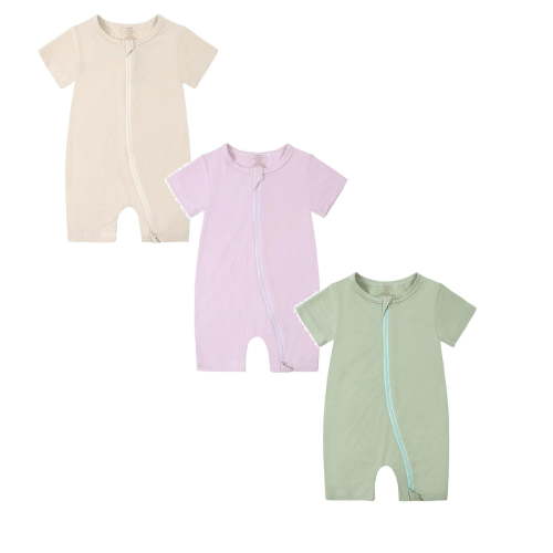 TBWNWG Baby Bamboo Summer Short Sleeve Footless Rompers,Baby Pajamas,2 Way Zipper Sleeper,3 Pack,Size 0-3 Months