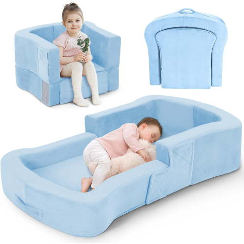 Toddler Travel Bed, 2-in-1 Foldable Portable Toddler Bed Sofa Chair, Soft Baby Kids Travel Floor Cot with Washable Covers Blue