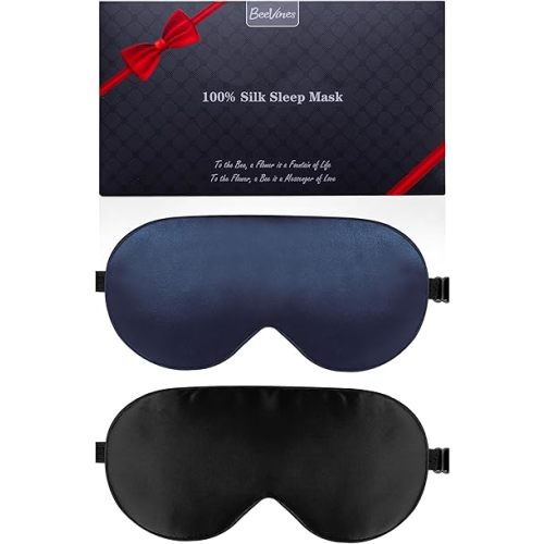 BeeVines 100% Real Mulberry Silk 2 Pack Sleep Mask, Pure Silk Eye Masks with Adjustable Strap for Sleeping, Block Light Eye Sleep Shade Cover, Reduces Puffy Eyes Traveling Gifts(Black & Blue)