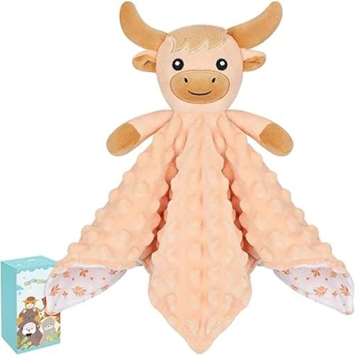 Loveys for Babies,Kawaii Highland Cow Baby Security Blanket for Newborn Infant Toddler Snuggle Toy Stuffed Animal,Lovey Highland Cow Security Blankets Baby Gifts Unisex Birthday,Beige 12in