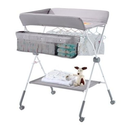 Yinvani Foldable Baby Changing Diaper Station with Side Basket, Adjustable Height, Lockable Wheels, Light Gray