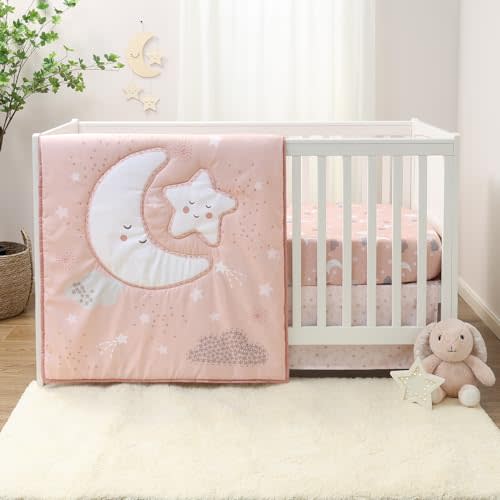 The Peanutshell New Moon 3-Piece Baby Girl Crib Bedding Set - Pink Nursery Quilt Comforter, Sheet & Skirt - Baby Crib Bedding Set Girl for Newborn & Toddler