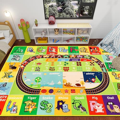 ABC Kids Rug for Playroom 59"×39.4" Baby Play Mat Alphabet Mat Animal Number Shape Classroom Rug Kids Playroom Playmat Early Learning Carpet for Educational Learning & Game Area Preschool