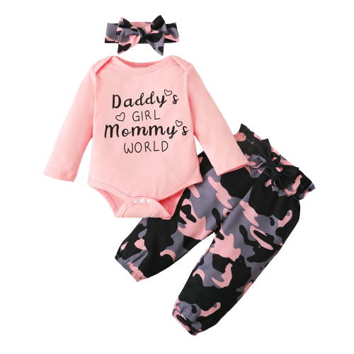 3 Months Baby Girls Clothes 6 Months Girls 3PCS Fall Winter Outfits Set Letter Print Newborn Girls Long Sleeve Top Camo Pants Set with Headband Pink