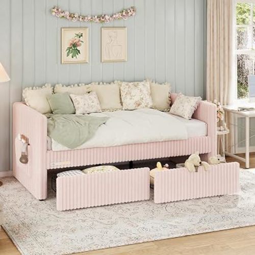 Jocisland Twin Faux Fur Upholstered Daybed with 2 Storage Drawers, Pink