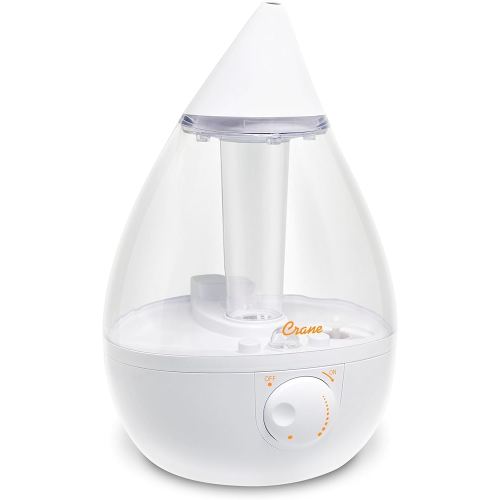 Crane White Teardrop Ultrasonic Cool Mist Humidifier, 1 Gallon Auto Shut-Off for Large Room, Baby Nursery, Bedroom Office, Clear & White