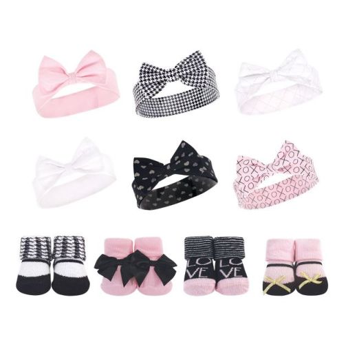 Hudson Baby Infant Girls 10Pc Headband and Socks Set, Houndstooth Love, 0-9 Months