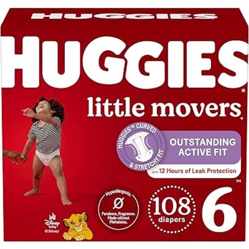 Huggies Size 6 Diapers, Little Movers Baby Diapers, Size 6 (35+ lbs), 108 Count (2 Packs of 54), Packaging May Vary