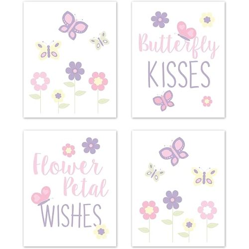 Sweet Jojo Designs Butterfly Wall Art Prints Room Decor for Baby, Nursery, and Kids - Set of 4 - Pink and Purple Floral Flower Garden Kisses and Wishes