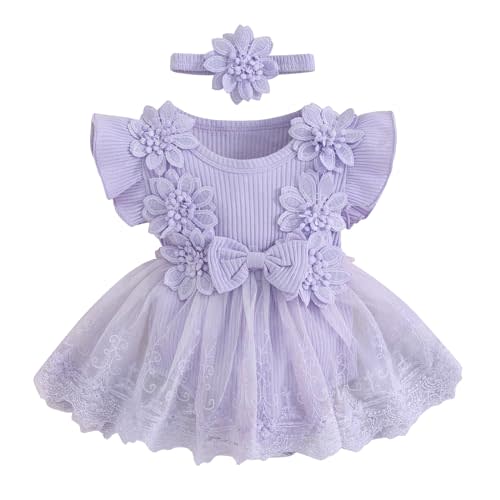 Karwuiio Newborn Baby Girl Romper Dress Short Sleeve Mesh Tutu Dress Baby Girls Lace Mesh Jumpsuits with Headband