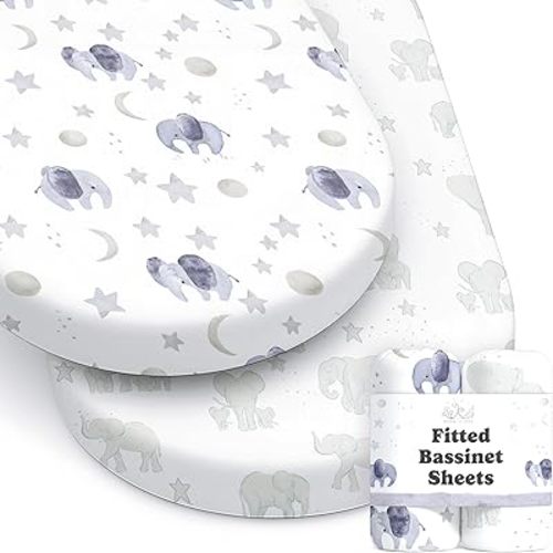 Baby Bassinet Sheets for Boy, Girl (Watercolor Elephants) 2-Pack - Fitted Bedside Bassinet Sheets - Buttery Soft Cotton Blend for Standard Mattress Pad - Compatible with Halo BassiNest