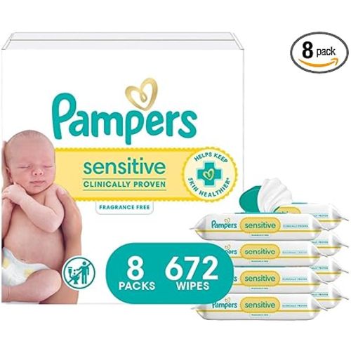 Pampers Baby Wipes, Sensitive, Water Based Wipe, Clinically Proven, Hypoallergenic, and Unscented for Babies, 672 Wipes Total (8 Flip-Top Packs) [Packaging May Vary]