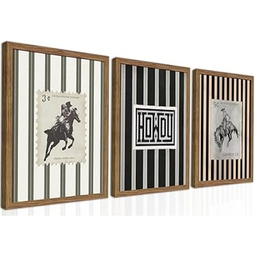 Framed Vintage Western Cowboy Wall Art Set of 3, Retro Cowboy Stamp and Stripe Prints, Classic Mid Century Riding Canvas Artwork, Rural Western Wall Decor for Living Room Bedroom Office 12x16in