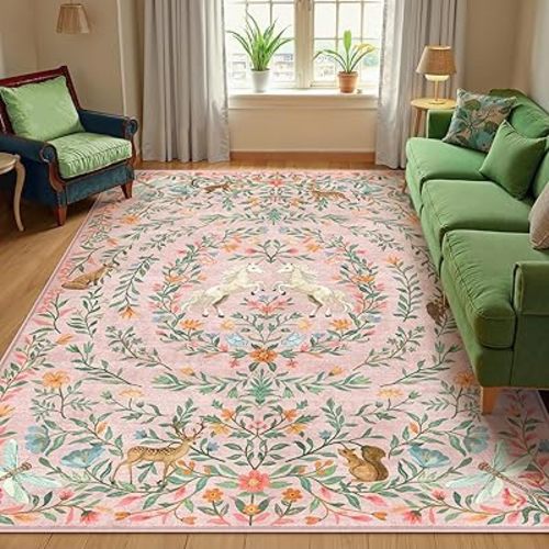 Machine Washable 5x7 Area Rugs for Living Room, Non Slip Soft Low Pile Unicorn Floral Farmhouse Moroccan Vintage Animal Playroom Girls Rugs for Bedroom, Large Carpet Rugs for Nurseries(Pink,5'x7')