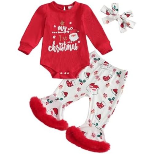 Baby Girl My 1st Christmas Outfits Letter Long Sleeve Romper Tops+Bell Bottom Pants+Headband 3 Pcs Clothes Set