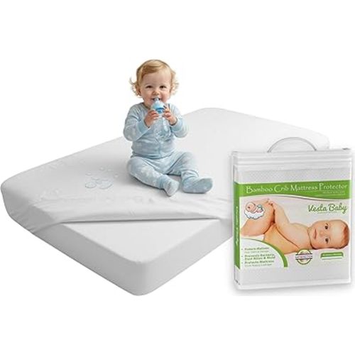 Vesta Baby Premium Ultra Soft Natural Bamboo Rayon Jacquard Crib Mattress Protector - 52” x 28” Fitted Noiseless Waterproof Crib Mattress Cover - Absorbent Breathable Pad for Infant & Toddler Bed
