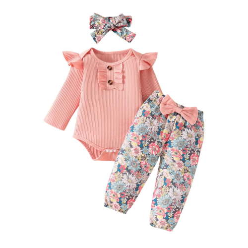 Odeerbi Baby Girls Clothes Infant Ruffle Long Sleeve Floral Print Bodysuit 3PCS Baby Layette Set