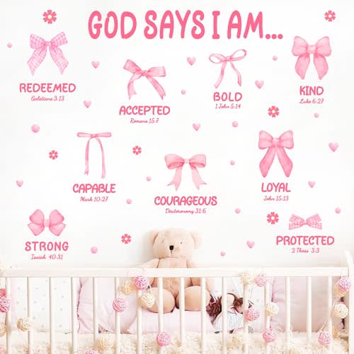 Watercolor Pink Baby Girls Wall Decals Pink Bows Wall Stickers Positive Girl Bedroom Walls Sticker Peel and Stick Self Affirmations Kids Inspirational Walls Decal for Nursery Playroom Daycare Decors