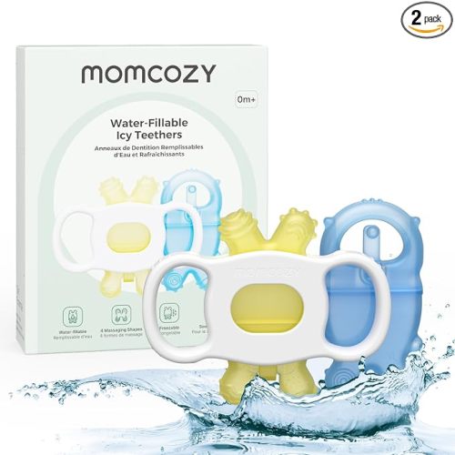 Momcozy Baby Teether Toys | Food Grade Silicone Teething Relief 0-6 Months | Toy 6-12 Months | Baby Essential | Yellow and Blue