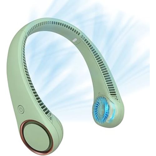 CIVPOWER Neck Fan: Portable Personal Neck Cooling Rechargeable Bladeless Fan - Hands Free 3 Speed 4000 mAh Battery USB Operated Wearable Headphone Design - for Men Women Outdoor Indoor (Light Green)