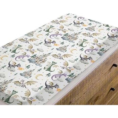 Baby Boy Girl Changing Pad Covers Dragon Tale Castle, Watercolor Green Moon Clouds Stars Tree Safe Snug Fitted Diaper Table Sheet, Soft Breathable Stretchy Change Mat Fit 32 34 x 16