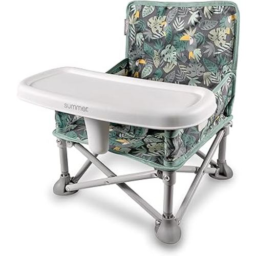 Summer by Bright Starts Pop 'N Sit Portable Booster Chair, Floor Seat, Indoor/Outdoor Use, Compact Fold, Jungle Botanical, 6 Mos - 3 Yrs