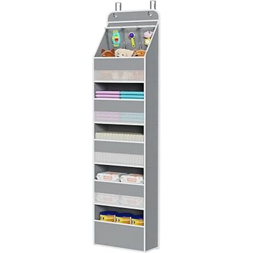 Univivi 6-Shelf Over Door Hanging Organizer Fabric Baby Door Storage with 5 Large Pockets and 3 Small PVC Pockets Wall Mount Hanging Storage Organizers for Baby Essential (Grey)