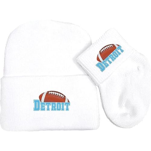 Newborn Baby Knit Cap and Socks Set for Detroit Football Fans White
