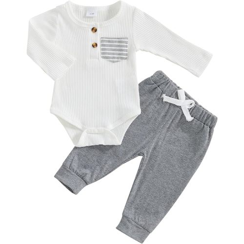 fhutpw Baby Boy Clothes 3 6 12 18 Months Ribbed Knitted Long Sleeve Romper and Pants Sets Newborn Fall Splicing Color Outfits
