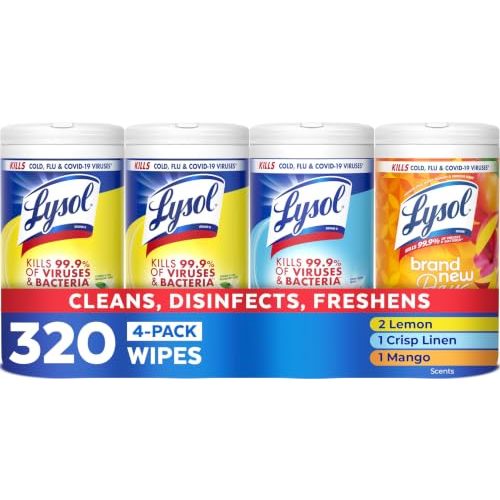 Lysol Disinfecting Wipes, Cleaner, Lemon + Mango + Linen, 80 ct. (4 Pack) | All Purpose Cleaner, Sanitizing, Deodorizing, Apartment Essentials, Back To School Cleaning Supplies, Kitchen & Bathroom Wipe