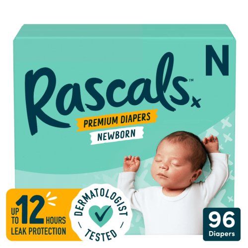 Rascals Premium Newborn Absorbent Baby Diapers Newborn, 96 Count, with 5 Sensitive Infant Wipes