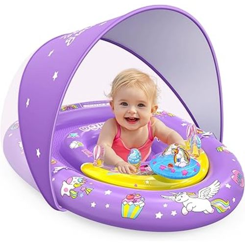 EZIGO Baby Pool Float with Canopy UPF50+ Sun Protection, Inflatable Kids Pool Floats with Ocean Animal Toys for Baby 6-36 Months, Infant Swimming Float with Adjustable Safety Seat for Boys Girls