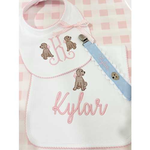 Girls bib and burp set | embroidered bib and burp set with puppy | personalized baby gift | baby shower gift | golden doodle baby bib