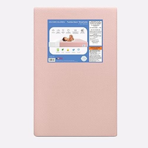 Delta Children Twinkle Stars Breathable 4-inch Mini Crib Mattress with Removable/Machine Washable Cover - GREENGUARD Gold – Waterproof - Sustainably Sourced Core Fiber Core, Pink