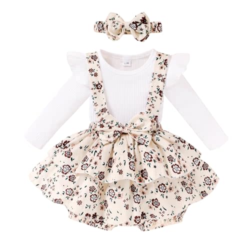 YOUNGER TREE Baby Girl Clothes Winter Outfit Long Sleeve Romper Newborn Fall Corduroy Suspender Skirt Set with Headband