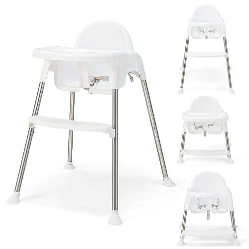 HONEY JOY Baby High Chair, 4 in 1 Convertible Highchair for Babies and Toddlers, Adjustable Legs, Double Removable Tray & Footrest, 3-Point Safety Harness for Infants Boys Girls (White)