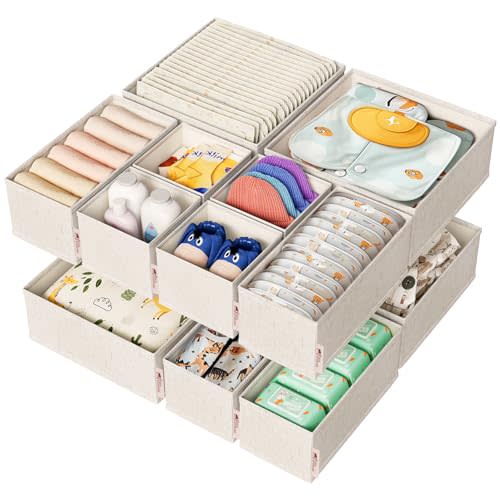 ZenStorage Cotton Linen Drawer Organizer for Baby Clothes, 12Pack Foldable Nursery Dresser Divider, Multi-Size Set Dresser Drawer Organizer for Nursery, Bedroom and Closet, Beige