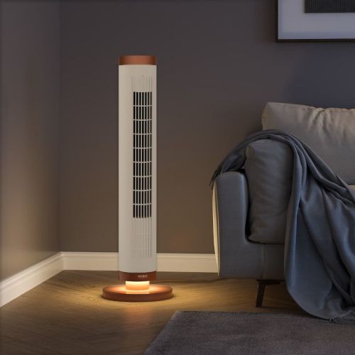 Seville Classics UltraSlimLine 9 Speed Oscillating Digital Tower Fan with Night Light and Remote Control, 11" W x 11" D x 37.8" H, White/Satin Copper