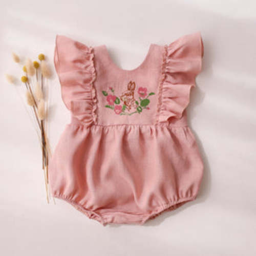Powder Linen Ruffled Front Bubble Playsuit with “Bunny in Flowers” Emb – Dannie and Lilou