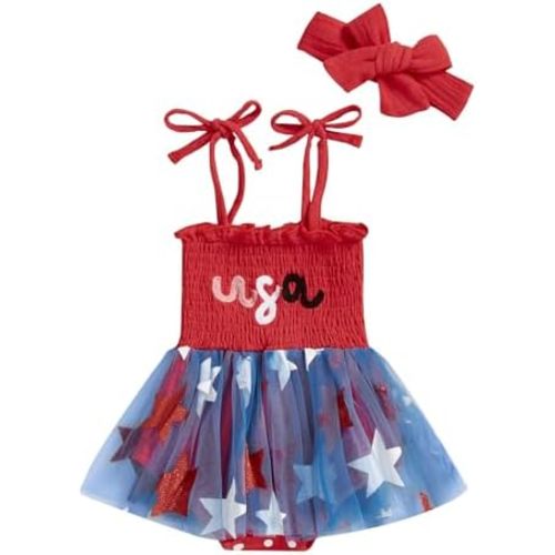 Newborn Baby 4th Of July Outfit Girl Usa Bubble Romper Smocked Dress My First Forth Of July baby girl Outfits