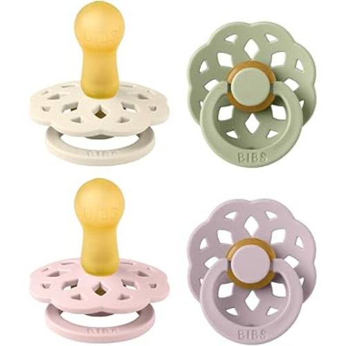 BIBS Boheme Soother 4-Pack | BPA Free Dummy Pacifier Round Nipple | Natural Rubber Latex | Made in Denmark | Size 6-18 Months | Dusky Lilac Mix