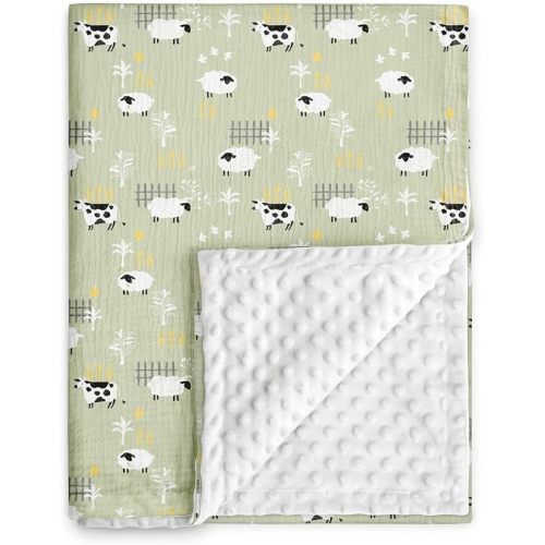 GLLQUEN BABY Blankets for Unisex Newborn Super Soft Nursery Minky Blankets with Muslin Cotton Front and Dotted Fleece Backing, Happy Little Sheep, 30 x 40 inches