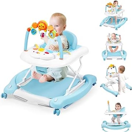Baby Walker, 5-in-1 Baby Walkers for Boys and Girls 6-12 Months with Bouncer, Removable Footrest, Feeding Tray & Music, Foldable & Adjustable Activity Walker for 6-18 Months Toddler Infant