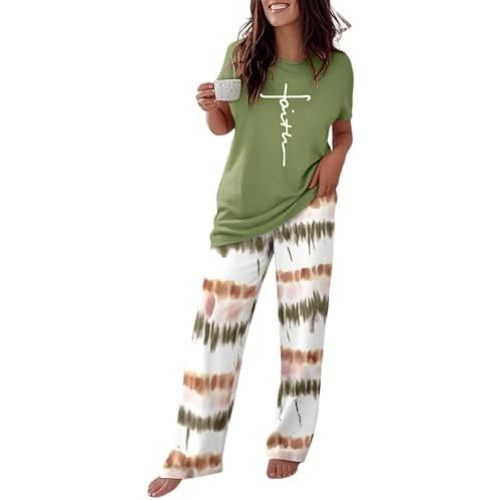 CHICME Womens Pajamas Sets 2 Piece Short Sleeve Lounge Set Printed Loose Pants Pj Sets Loungewear Set