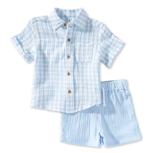Little Me Baby Boys Short Sleeve Checked Gauze Shirt & Solid Shorts Set