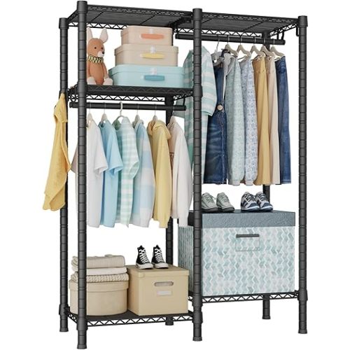 Ulif F1 Garment Rack for Kids, Baby, Students, and Children's Room, 4 Tiers Freestanding and Portable Heavy Duty Closets, Small Metal Clothes Rack with 2 Hanging Rod, 31.2" W x 11.8" D x 48" H, Black